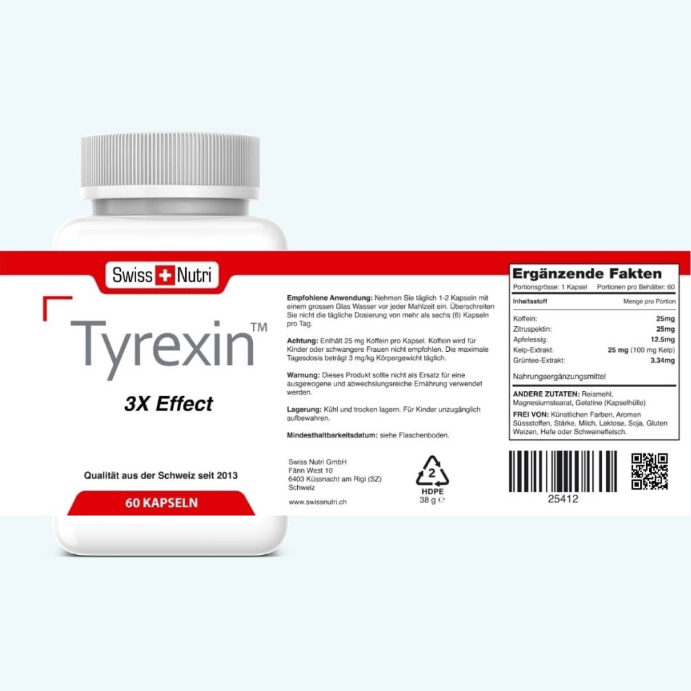 Detailansicht des Tyrexin Produkts von Swiss Nutri mit Etikett, Anwendungshinweisen und Produktinformationen für 60 Kapseln.
